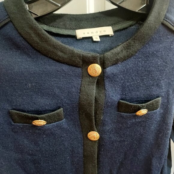 Sandro Wool Navy Blue Black Embossed Button Cardigan - Picture 9 of 9